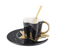 COGOALL Ceramic Coffee Cup, Tea Cup and Saucer Set with Spoon, Star Moon Styling Espresso Mug, Couple Cup Creative Star Dessert Coffee Cup Set Gift (Black)