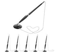 COHEALI 6pcs Black Desk Ballpoint Pens with Chain and Self-adhesive Base Holder for Reception and Retail Stores, Lightweight Plastic Construction with 360 Degree Rotating Stand and Upright