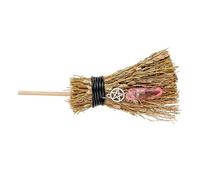 COHEALI Mini Witch Straw Broom Crystal Witch Broom Mini Halloween Witch Broom Wicca Brush with Crystal Wand for Halloween Healing Wiccan Ritual Decor Pink Miniature Broom