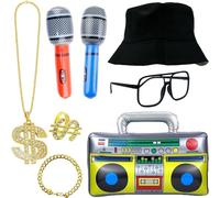Cohortstar 8Pcs 80s 90s Hip Hop Costume Set, Rapper Accessories Kit with Inflatable Boombox Set, Gold Chain Necklace, Glasses and Bucket Hat for Retro Disco Party (Classic)
