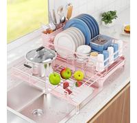 COHOSEGE Large Dish Drying Rack,Extendable Dish Rack with Cutlery Holder,Anti-Rust Pink Dish Racks for Kitchen Counter,Dish Drainers for Kitchen Sink,Over The Sink Drying Rack Kitchen