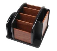 Coideal Wooden Remote Control Holder Organiser for Table, Large Wood Desk Storage Caddy Rotating Pen Pencil Holder for Office Supplies (6 Compartments, Brown & Black)