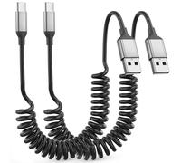Coiled USB C Cable Short, 2 Pack Car USB C Charging Cable Type C Charger Lead Fast Charging USB A to USB C Spiral Cord with Data Tranfer for Samsung Galaxy, Huawei, Google, Oneplus, Android Auto