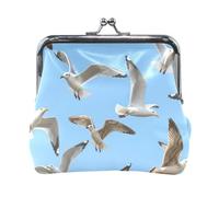Coin Purse, Flying Seagulls Sky Blue Coin Purse Wallet with Clasp Leather Change Purse for Women, 4.5" X 4.1"