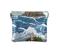 Coin Purse Pouch Man, Leopards Snakes Leaves Mini Purse Small Change Bag, Recycled Material Coin Purse for Women, Lighthouse Ocean Waves Blue, One Size, Lighthouse Ocean Waves Blue