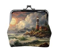 Coin Purse,Small Pu Leather Change Purse, Coast Wave And Lighthouse Printed Kiss-Lock Coin Purse Wallet With Clasp, Black, One Size, Coin Purse