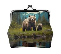 Coin Purse,Small Pu Leather Change Purse, River Bear Mom Printed Kiss-Lock Coin Purse Wallet With Clasp, Black, One Size, Coin Purse