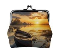Coin Purse,Small Pu Leather Change Purse, River Sunset Wooden Boat Printed Kiss-Lock Coin Purse Wallet With Clasp, Black, One Size, Coin Purse