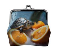 Coin Purse,Small Pu Leather Change Purse, Turtles Emerging From Oranges Printed Kiss-Lock Coin Purse Wallet With Clasp, Black, One Size, Coin Purse