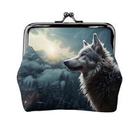 Coin Purse,Small Pu Leather Change Purse, Wolf At Night Printed Kiss-Lock Coin Purse Wallet With Clasp, Black, One Size, Coin Purse