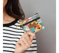 Coin Purse, Waterproof Change Purse with Zipper and Keyring, Cute Cat Pattern Mini Coin Pouch for Small Things, Green, 4.7 x 3.9 x 0.59 inches