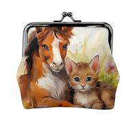 Coin Purse with Kiss Lock Mini Coin Pouch Cute Horse and Cat Leather Wallets for Women Clutch Change Purse