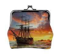 Coin Purse with Kiss Lock Mini Coin Pouch Pirate ship in the sunset Leather Wallets for Women Clutch Change Purse