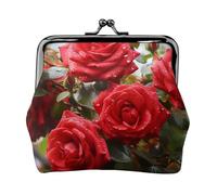 Coin Purse with Kiss Lock Mini Coin Pouch Red Roses Bush in The Garden Leather Wallets for Women Clutch Change Purse
