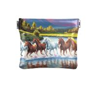 Coin Purses Blue Wolf Moon Night Leather Coin Purse Square Pouch Change Purses For Men Women Size 4.3" X 3.7", Painting River Horses Running, One Size, Painting River Horses Running