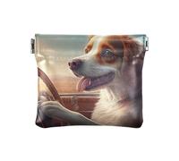 Coin Purses Blue Wolf Moon Night Leather Coin Purse Square Pouch Change Purses For Men Women Size 4.3" X 3.7", Cute Dog Driving Car, One Size, Cute Dog Driving Car