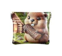 Coin Purses Cute Autumn Gnomes Portable PU Leather Coin Purse Travel Storage for Cosmetics, Headphones, Jewelry Size 4.3" X 3.7", Cute Beaver Cabin Green, One Size, Cute Beaver Cabin Green