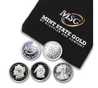 CoinFolio Five (5) One Gram .999 Fine Silver Rounds with Random Designs in a Jewelry Pouch by Mint State Gold