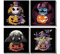 Coinsyyds Paint by Numbers with Frame, 4 Pieces, Halloween, Stitch Canvas Painting Set for Beginners, Toothless, Baby Yoda, DIY Hand Painted Oil Painting, Horror Jack Skellington, for Home Decoration