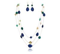 Coiris 3-Layer Illusion line Long Necklace Earrings Set Ladies Green Beads, Stone, No Gemstone
