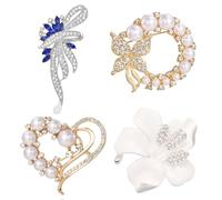 Coiris 4Pcs Brooches for Women Crystal Pearl Silver Gold Rhinestone Flower Heart Four-leaf Clover Swan Bridal Brooch for Wedding, Rhinestones, Pearls, no gemstone
