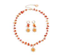 Coiris Boho Sun Jewelry Set for Women Bohemian Healing Nature Crystal Stone Sun Choker Necklace Dangle Drop Earrings Hippie Cool Summer Beach Sun Jewelry Set for Women, Stainless Steel, No Gemstone