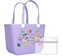 Coisini X-Large Rubber Beach Bag Travel Tote Bag with Waterproof Zipper Pocket, Washable Durable Rubber Beach Tote Mom gift, Light Purple, XL