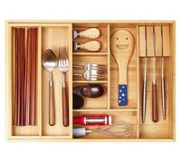 COIWAI Double layer Bamboo Silverware Drawer Organizer Kitchen, Utensil Silverware Organizer, Cutlery Tray, With Removable Utensil Tray, With Knife Block, Flatware Organizer Multi-use storage box