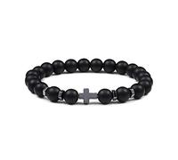 COJJ Hot Men Natural Lava Stone Bead Obsidian Bracelets Cross Rosary Meditation Prayer Jesus Turquoise Bracelet Women Yoga Jewelry,Matte Black,Adjustable