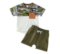 Cokbyavla Baby Boys Short Sleeve Outfits, Boys Patriotic Short Set Cotton And Linen With Suspender Kids 5T Hawaiian Shirts Kids Truck Shirt 4T Shorts Welcome To The B(133Camouflage,2-3 Years)