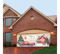 Cokbyavla Christmas Garage Door Cover Decoration,7x16ft Vintage Large Merry Christmas Garage Door Banner, Red Truck Village Backdrop, Outdoor Holiday Decoration for Home Winter Party AE28
