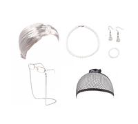 Cokbyavla compatible with Motown Tress Wigs Old Lady Wig Granny Cosplay Wig Old Lady Costume For Women Grandma Wig Cap Glasses Chain Pearl Necklace Earring Bracelet(7 Pieces) Baby Curly Hair (Silver,