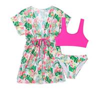 Cokbyavla Girls 3 Piece Bathing Suit,Girls 3 Piece Set Swimsuit Skirt Teen Bikini Sets Ruffled Bathing Suit for Girls Bikini Kids 12-13 Hawaiian Bathing Suit for Girls 10(31Pink,10-11 Years)
