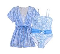 Cokbyavla Girl's 3 Piece Bathing Suit with Beach Skirt,3 Piece Beach Pants Swimming Shorts for Girls Preteen Swimsuit Bathing Suit for Girls Child Swimsuit Big Girls Plus(25Light Blue,11-12 Years)