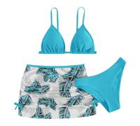 Cokbyavla Girl's 3 Piece Cute Swimsuit Bikini Sets with Beach Skirt,Girls 3 Piece Bikini Swimsuit Set One Piece Swimsuit with Skirt Teen Swimsuit with Removable Pads Girl(112Sky Blue,10-11 Years)