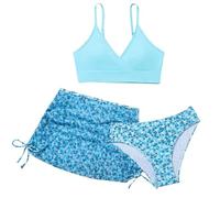 Cokbyavla Girl's 3 Pieces Tie Dye Bikini Swimsuit,Girls 3 Piece Swimsuit Set Teen Summer Dress Cover-Up Swimsuits Teens Black Bathing Suit Girls Bikinis Girl Haweii Bikin(66Sky Blue,9-10 Years)
