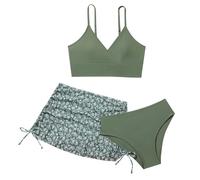 Cokbyavla Girl's Bathing Suit with Kimono Cover Up,Girls 3 Piece Bikini Set Kids Girls Swimsuit Beach Cover Up Tween Girl Swimsuit with Padding Juniors Bathing Suits Girl(65Green,11-12 Years)