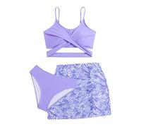 Cokbyavla Girls Beach Swimwear 7-16 Years,3 Piece Bikini Set Swimsuit with Shorts Girls Bathing Suits Teen Tankini Sets for Little Girls Girls Black Swimsuit Bottoms Girl(16Purple,6-7 Years)