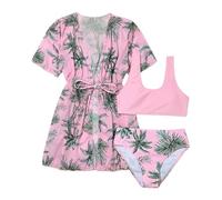 Cokbyavla Girls Color Block with Cover Up 3Pcs Bathing Suits,3 Piece Bikini Girls Girl Cover Ups for Swimwear Sporty Bathing Suits for Teen Girls Triangle Bikini Set Girl(34Pink,11-12 Years)