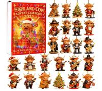 Cokbyavla Highland Cow Advent Calendar 2025, 24 Day Christmas Advent Countdown with 24 3D Resin Cows Hanging Ornament, Xmas Tree Cartoon Cow Decorative Ornament Yellow