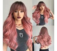 Cokbyavla Hot Wig Gradual Pink Parting Long Curly Hair Temperament European And Fiber Wig Head Set Female Toddler Hair Products (B, One Size)