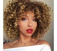 Cokbyavla Hot Wigs for Women Brown Small Curly Wigs Are Popular Among Women In Africa Wig With A Puffy Afro With Gradient Colors And Short Curly Synthetic Hair Hair Ties Small (Khaki, One Size)