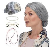 Cokbyavla Hot Wigs Lace Front Granny Wig Granny Cosplay Wig Granny Ladies Costume Granny Wig Glasses Chain Glasses Pearl Necklace (4pcs) Hair Styling Clips (Silver, One Size)