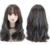 Cokbyavla Short Human Curly Wigs for Women Wig Women Long Hair Fashion Blue Highlights Gradient Big Wave Hair Set Comfortable Natural High Temperature Silk Whole Shoulder Length Color (Dark Blue, One