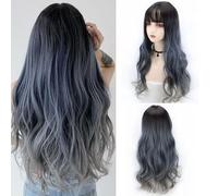 Cokbyavla Synthetic Lace Front Wig Short Wig Female Long Hair Big Wave Gradient Blue Gray Full Head Set The Whole Top Hair Set Clear Hair Elastics (Blue, One Size)