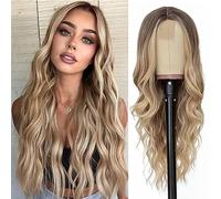 Cokbyavla Valentine Wig Long Blonde Wavy Wig For Women Middle Part Curly Wavy Miniature Lace Wig Natural Looking Synthetic Heat Fiber Wig For Daily Party Use 26 Inch High Temperature Wire (Gold, One S