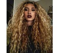 Cokbyavla Wig Front Gold Wave Wigs Long Long Hair Black Wig Water Synthetic Curly Hair wig Silk Rollers for (Gold, One Size)
