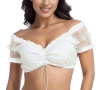 Cokbyavla Women's Long Sleeve Lace Dirndl Blouses,Oktoberfest Tube Top Bavarian Dirndl Blouse for Women Lace to The Finish Top Dirndl Blouse Women Milk Maid Crop Top 2X V Neck Crop Top for WOM White