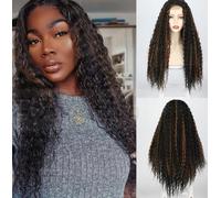 Cokbyavla Women's Wigs for Women over 50 African Slightly Curly Black Medium Parted Long Hair Brown Highlighted Long Wig African Long Straight Wig Front Lace Wig Long Curly Hair Fiber Hair (Black, One
