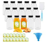CoKeeSun 15 Pcs Juice Bottles with Lids 8oz/250ml, Reusable Plastic Bottles Set, Drink Containers with Funnel, Brushes and Stickers for Home Storing Juices, Smoothie Drinks, Mini Fridge (Black)
